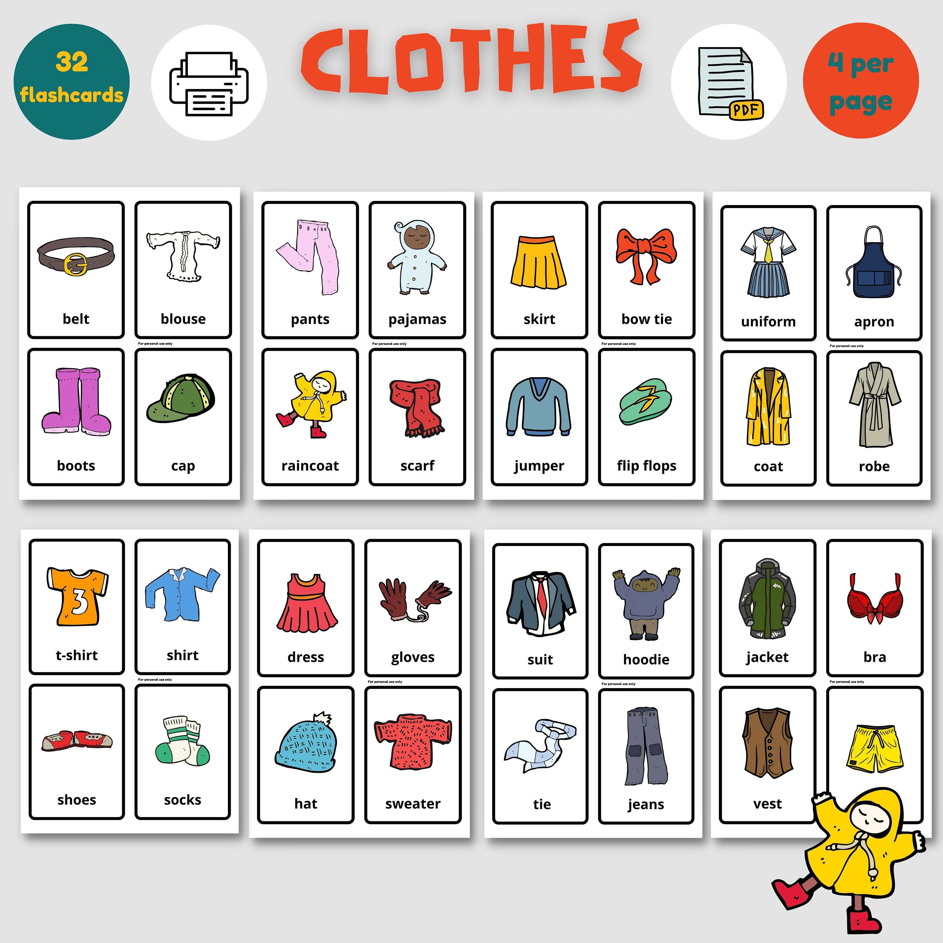 Clothes Digital Flashcards, Teaching Materials Instant Downloads, Cute