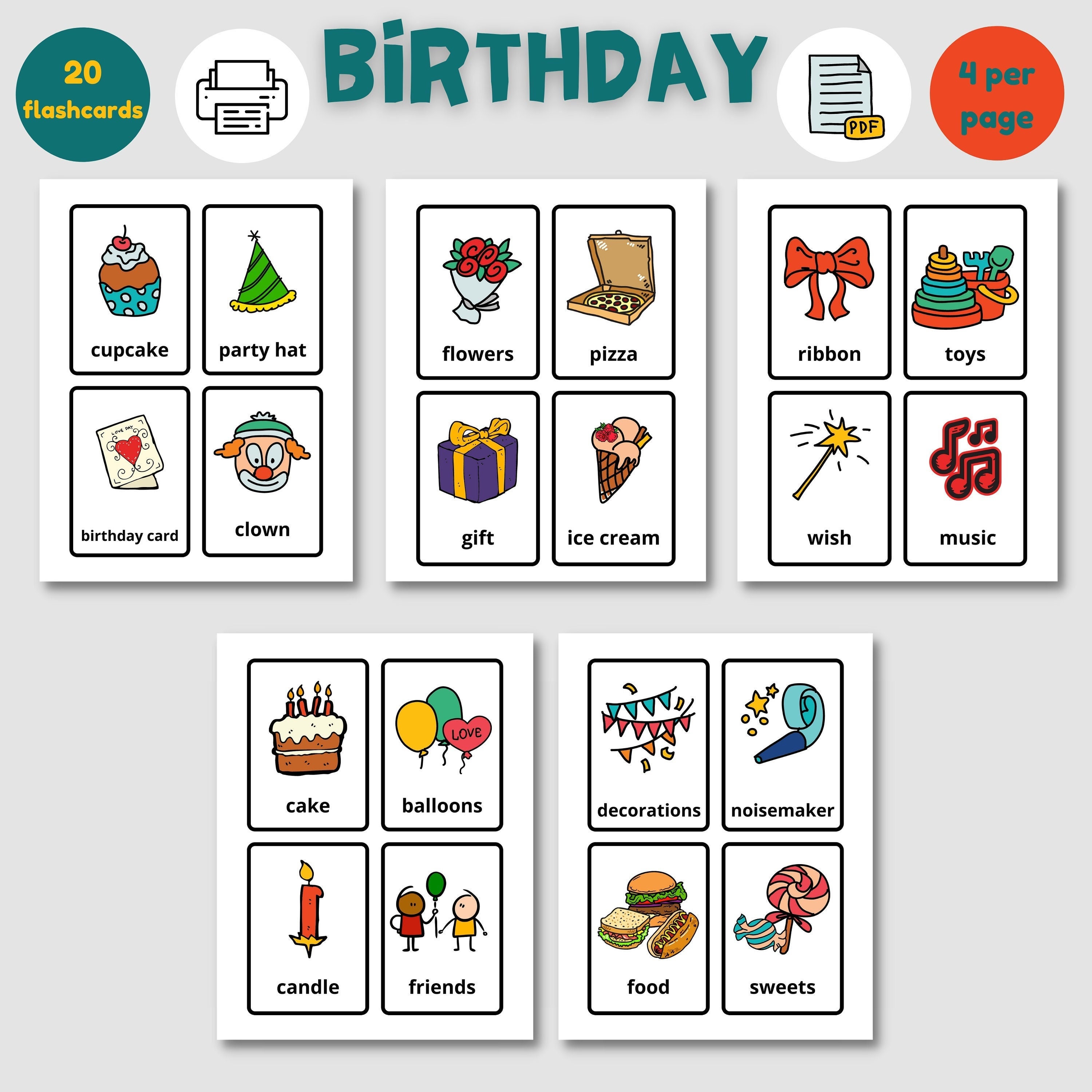 BIRTHDAY Flashcards Instant Downloads, Fun Memory Flashcards Game