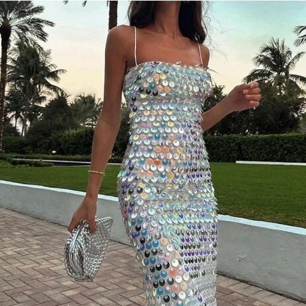 Strap Sleeveless Sling Cocktail Dress Women Sequins Skinny Dresses Summer Backless Party Club Dress party