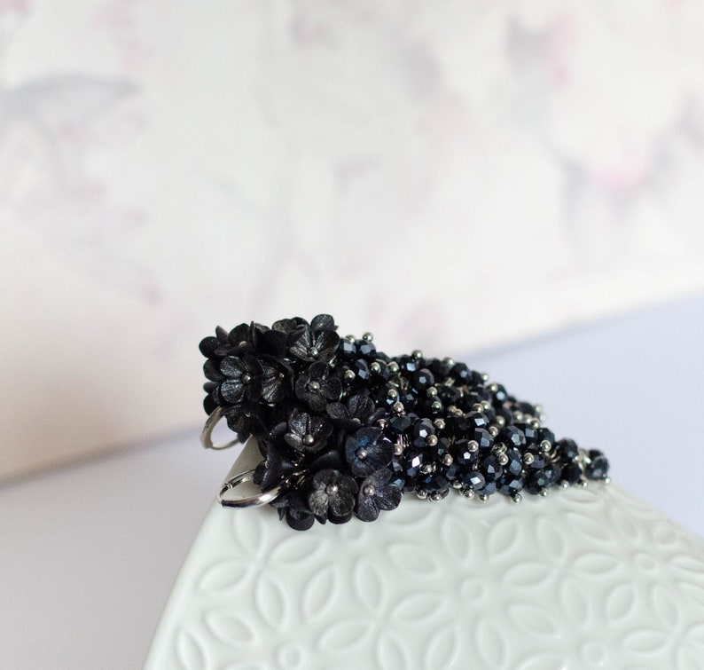 Polymer clay chandelier earrings Black flower earrings