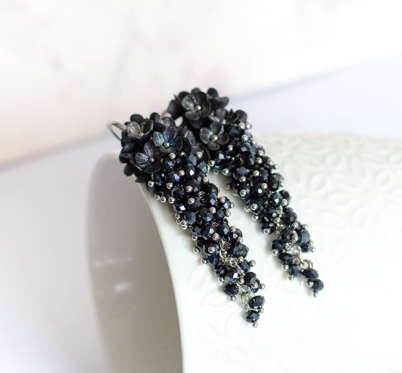 Polymer clay chandelier earrings Black flower earrings