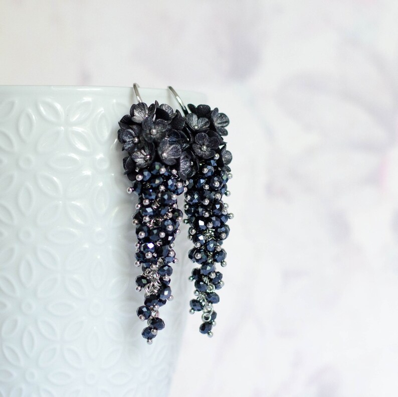 Polymer clay chandelier earrings Black flower earrings