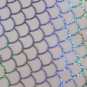 May include: A close-up of a holographic iridescent material with a scale pattern. The scales are outlined in black and the background is white.
