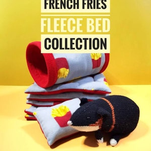 French Fries Collection Guinea pig Fleece Bed Cushion, Tunnel, Popcorn pillows, pee pads & Peekaboo Fleece Forest