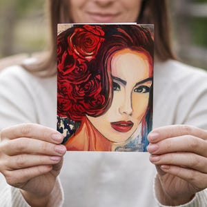 Tarjeta de retrato de mujer, tarjeta de felicitación de arte moderno, diseño femenino audaz, tarjeta de felicitación imprimible, tarjeta doblada, tarjeta de regalo con retrato artístico original