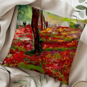 Art On Pillow Nature Lover Gift Red Flowers And Trees Art Throw Pillow Red Cushion Square Pillow For Couch Artistic Pillow Room Decor