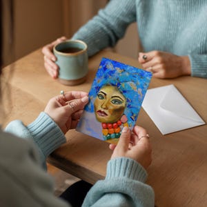 Tarjeta de felicitación imprimible, tarjeta plegada, arte original, retrato, diseño femenino audaz, arte moderno, tarjeta de felicitación imprimible, tarjeta de regalo