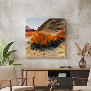 Desert Bloom Canvas Print | Fiery Orange Landscape Wall Art | Southwestern Desert Scene | Golden Sand Wildflowers | Nature-Inspired Wall Art