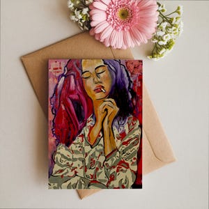 Tarjeta de felicitación imprimible, tarjeta plegada, arte original, retrato, diseño femenino audaz, arte moderno, tarjeta de felicitación imprimible, tarjeta de regalo