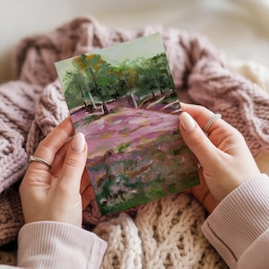 Postal imprimible de campo rosa, tarjeta plegada, arte original, retrato, paisaje pintado a mano, tarjeta de felicitación, arte digital de la naturaleza