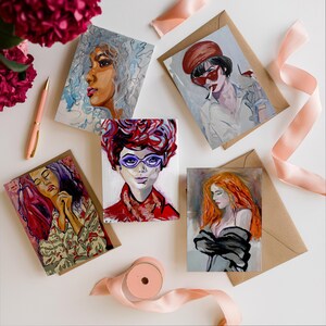 Tarjetas de felicitación con retratos femeninos modernos / Mini impresiones artísticas / Impresiones de mi pintura original con sobres / Tarjetas de estética retro