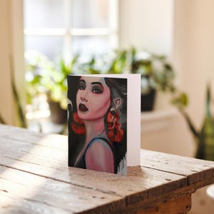 Tarjeta de felicitación con diseño femenino audaz, tarjeta plegada, retrato artístico original, arte moderno, tarjeta de felicitación imprimible, tarjeta de regalo, tarjeta de retrato femenino