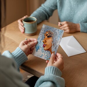 Tarjeta de felicitación imprimible, tarjeta plegada, arte original, retrato, diseño femenino audaz, arte moderno, tarjeta de felicitación imprimible, tarjeta de regalo
