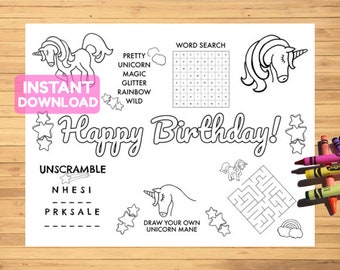 Unicorn Activity Sheet, 8.5"x 11", Printable, Party Favor, Unicorn Party Favors