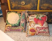 Primitive Spring pillow tucks, strawberry, cauliflower, garden decor, farmhouse kitchen, shelf pillows, cupboard tucks, gardener's gift