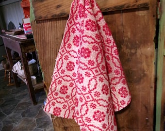 Vintage Red & White Woven Coverlet Cloth: Colonial Jacquard, 18x36