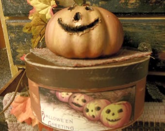 Primitive Halloween Pantry Box (with grungy Jackolantern) Candy Holder, Lidded Container, Pumpkin Canister