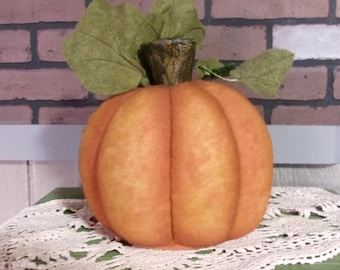 Vintage Fall, Textured Batting Pumpkin, Shaded Orange with Felt Leaves, Autumn through Thanksgiving