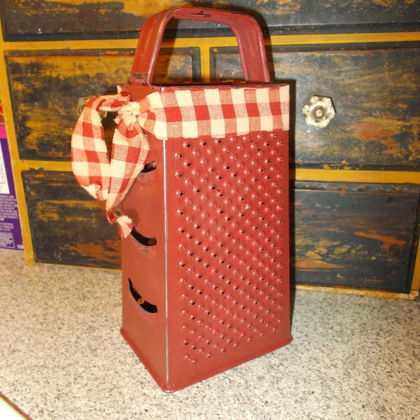 Box Shape Cheese Grater, Red Punched Tin, Primitive Utensils, Farmhouse Kitchen Ornament, Rustic Grungy, Cupboard Tuck, Decorative Tinware