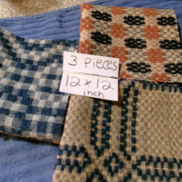 Antique Woven Overshot Coverlet Scraps: ( Set of 3, 12 x 12 inch) Sewing Crafts