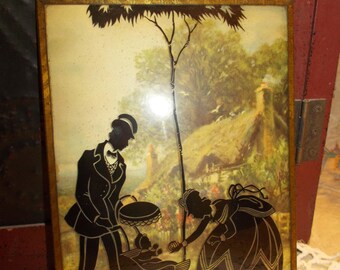 Antique Silhouette Picture: Framed Victorian Couple & Baby Carriage