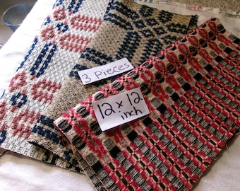 Antique Woven Overshot Coverlet Scraps: ( Set of 3, 12 x 12 inch) Sewing Crafts