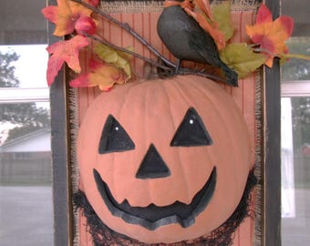 Primitive Halloween, Shadow Box Wall Arrangement, 3D Jackolantern Sign