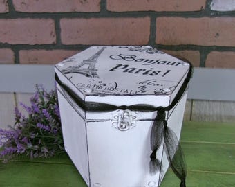 Parisian Decor, Decoupaged Wood Trinket Box, White Dresser Case, French Boho Victorian