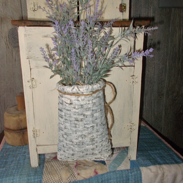 Wall Basket Floral Arrangement with Faux Lavender, Spring Farmhouse, Gift for Mom, Wicker Vase, Peg Hanger, Cottage Apartment, Woven Pocket