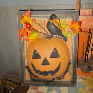 Primitive Halloween, Jack O Lantern Framed Sign, Wall Arrangement, 3D Imaged Smiling Jack, OOAK Handmade, Fall Holiday, Entryway Accent