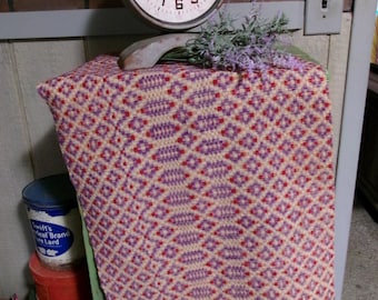 Antique Overshot Coverlet Cloth ( 18 x 34 inch, raw edge) Unique Purple & Red, Primitive Runner