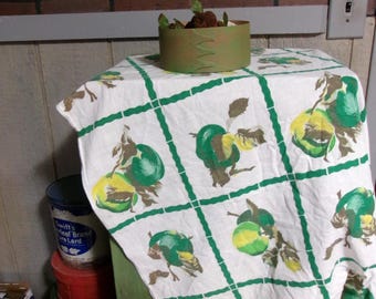 Vintage Cotton Flour Sack Fabric, Green Apples Print, Square Tablecloth (36x36)