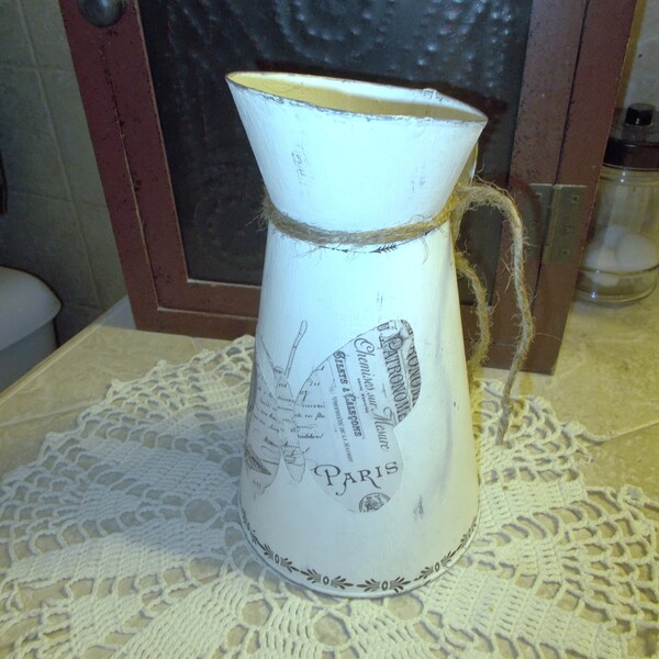 Decorative Tin Water Pitcher, Cottage Core Watering Can, Garden Canister, French Farmhouse, Metal Vase, Utensil Holder, Flower Container