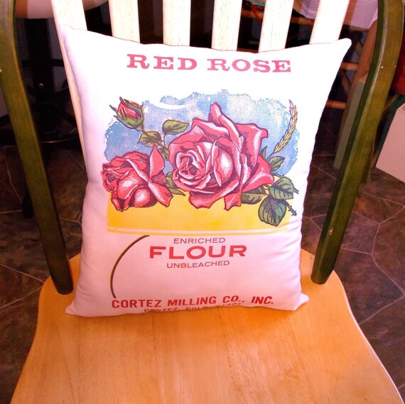 flour sack pillow Red Rose chair cushion farmhouse kitchen | Etsy