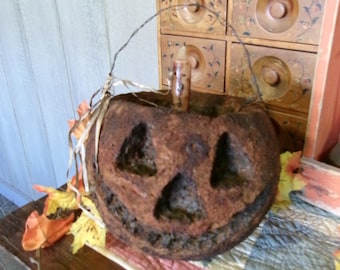Extreme Primitive Burnt Spice Grungy Jackolantern Bucket with Candle inside. Halloween Shelf Ornament