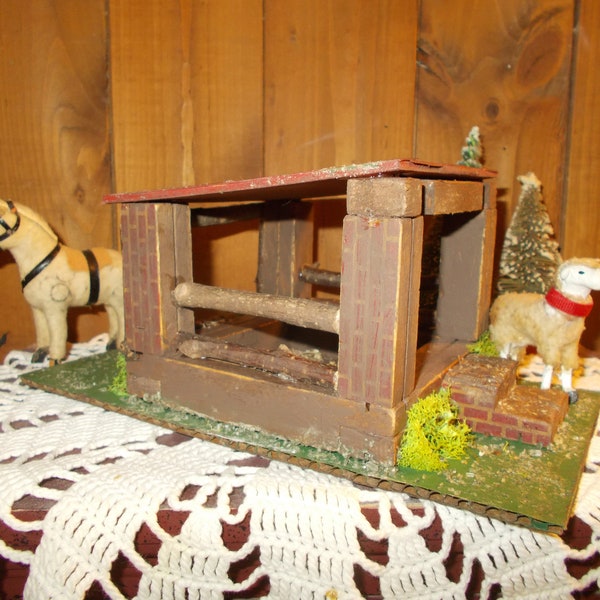 Primitive Handmade Putz Style Animal Stable, Folk Art Wood Cabin, Sheep Shed, Homestead Barn, Small Nativity, Early Americana