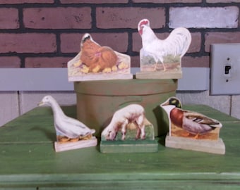 Set of 5,  Antique Farm Animal, Cardboard Stand Ups with Wooden Platforms, Dictionary Cards