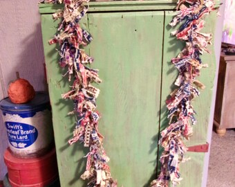 Primitive Rag Garland, made from Antique Coverlet Scraps, 7 Ft. Long, Hand Tied on Jute Twine