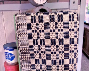 Antique Overshot Coverlet Piece (18 x 34 inches, Raw Edges) Dark Indigo, Primitive Runner