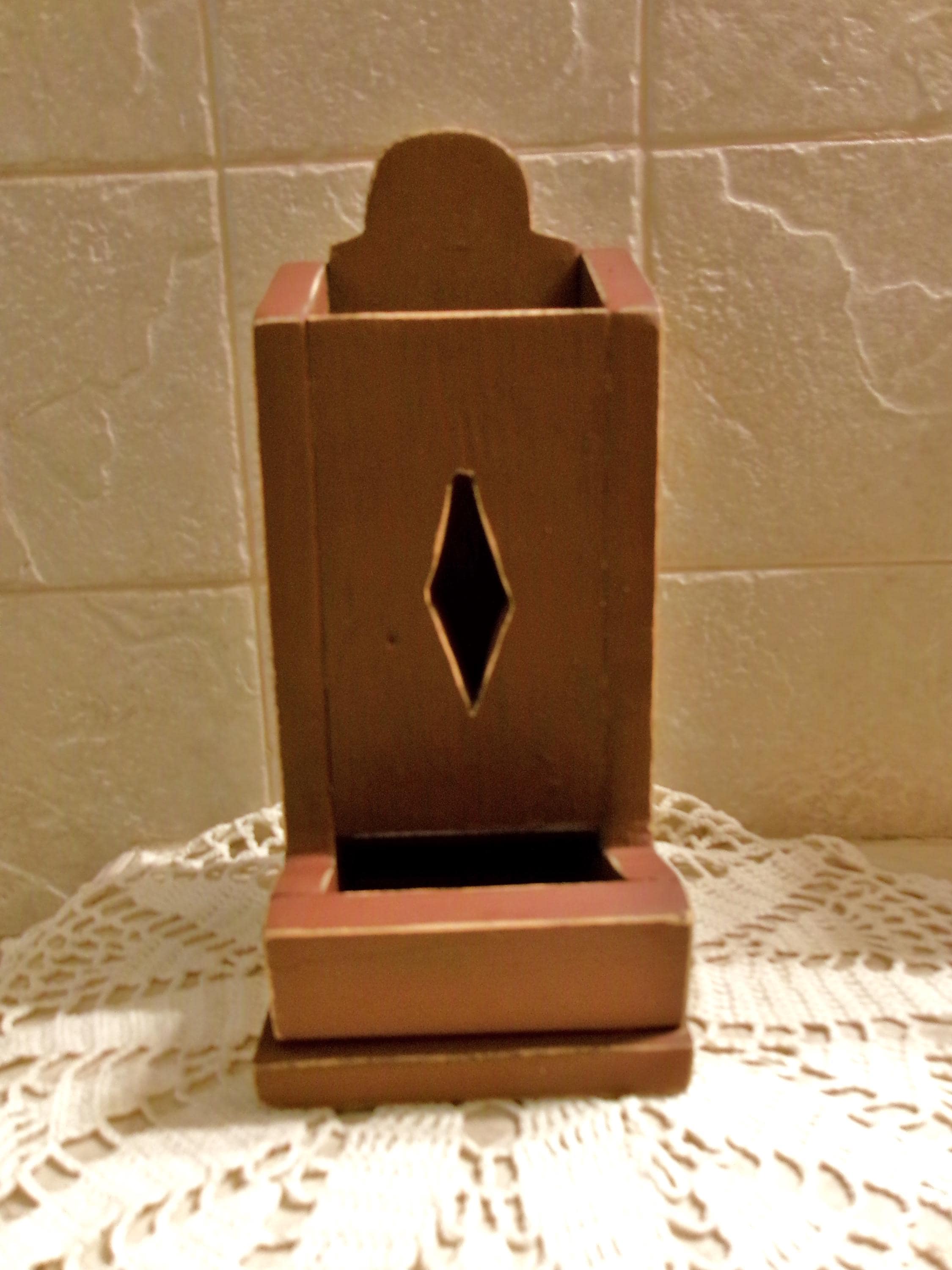 Vintage Primitive Wood Matchstick Box: Scrolled Cut Design, Rustic Fireplace Decor