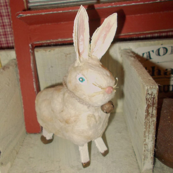 Primitive Handmade Bunny Rabbit with Stick legs, Fuzzy Cotton Coat Clay Animals, Shelf Ornament, Folk Art, Unique OOAK, Nursery Room Decor