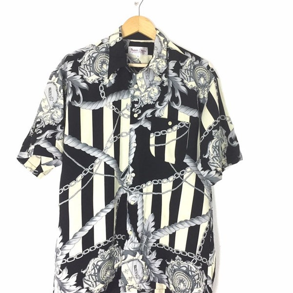 Vintage 90s Studio Canal poly shirt fullprint chain design like versace /Large size