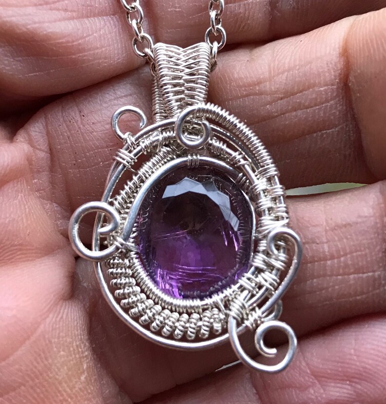 AMETHYST GEMSTONE PENDANT NECKLACE WIRE WRAPPED STERLING SILVER AMETHYST GEMSTONE PENDANT NECKLACE WIRE WRAPPED STERLING SILVER