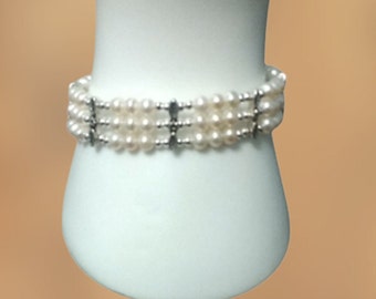 White Freshwater Pearl Bracelet Three Strand with Box Clasp