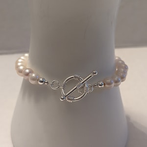 White Freshwater Pearl Bracelet 6mm Round Pearls with Silver Plated Circle Toggle Clasp