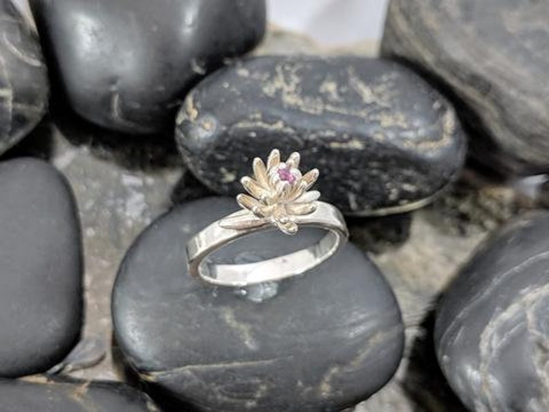 Garnet Succulent Flower Ring Handmade in Sterling Silver One of a Kind Gift Unique Natural