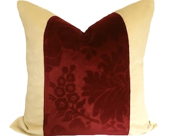 Burgundy Cut Velvet and Cream Pillow Cover- red velvet pillow, red white pillow, banded pillow, color block pillow, vintage velvet pillow