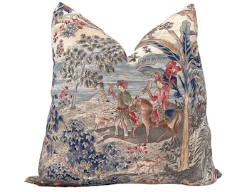 Bharata Toile, Blue South Asian Toile, Eastern Indian Toile, Blue Red Print Pillow, Brown Tan Print Pillow, Linen Toile Pillow