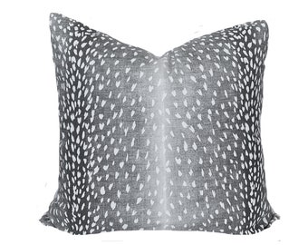 Charcoal Antelope Print Pillow Cover,  linen animal print pillow, gray black pillow cover, black chinoiserie pillow,c black white pillow,