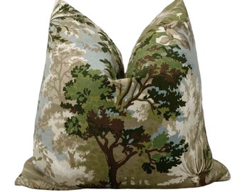 Lincoln Toile Pillow Cover, Green And Beige Print, Thibaut, Verdure, Trees, One or Two Sided Options